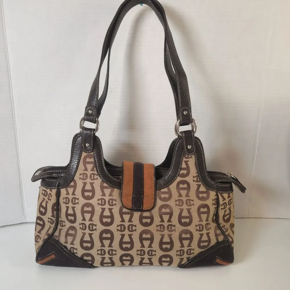 Etienne Aigner VTG Brown Canvas Leather Signature Logo Satchel Handbag Purse